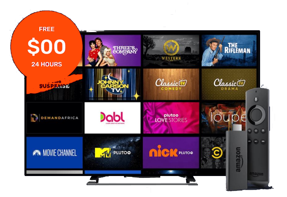 iptv uk free 24 hour trial shown on a TV channel guide with an Amazon Firestick remote