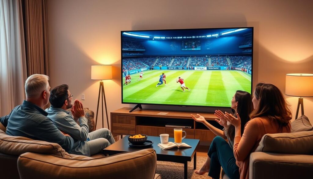 A cozy living room setting with a large flat-screen TV displaying a live sports event, such as a football match, streaming through the IPTV service from "bluefireiptv.com." In the foreground, a diverse family of four is seated comfortably on a stylish couch, cheering enthusiastically, dressed in casual, modest clothing. In the middle ground, a coffee table with snacks and drinks adds to the relaxed atmosphere. The background features warm lighting from lamps, creating an inviting ambiance. The scene is captured from a slightly elevated angle, emphasizing the excitement of the moment and the quality of the IPTV service. The overall mood is vibrant and engaging, reflecting a perfect home entertainment experience.
