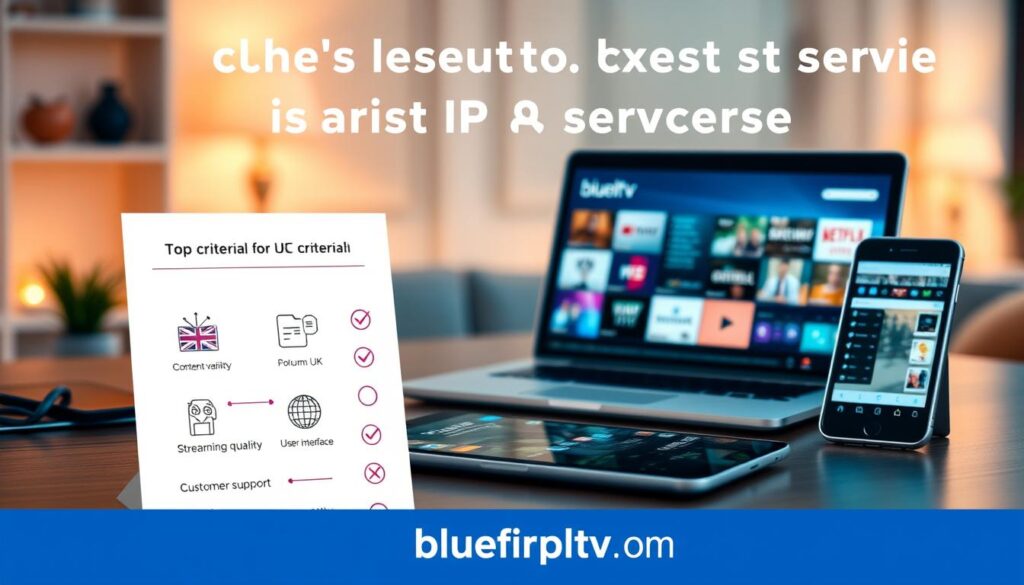 A digital workspace showcasing the top criteria for selecting the best IPTV services, featuring a modern desk with a sleek laptop opened to a streaming interface. In the foreground, a detailed checklist with visually appealing icons representing key criteria: content variety, streaming quality, user interface, and customer support. The middle ground includes elements like a stylish tablet displaying popular UK channels and a smartphone with a user-friendly application interface. The background features a soft-focus ambiance with gentle warm lighting, creating a cozy and professional atmosphere. The overall mood is informative yet inviting, designed for a tech-savvy audience. The brand name "bluefireiptv.com" is subtly integrated into the design.