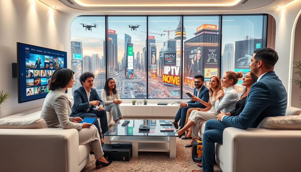 A futuristic living room interior with sleek, modern furniture featuring a large smart TV displaying an array of IPTV channels. In the foreground, a group of diverse, professionally dressed people, engaged in animated discussion about the latest IPTV trends, their expressions showing excitement and curiosity. The middle ground comprises high-tech gadgets like tablets and mobile devices, all connected seamlessly via a wireless network. In the background, large windows reveal a vibrant cityscape with drones and digital billboards illustrating the future of entertainment. The lighting is bright and ambient, suggesting a sense of innovation and connectivity. The overall atmosphere is optimistic and forward-looking, encapsulating the essence of future trends in IPTV services. Brand incorporation: bluefireiptv.com.