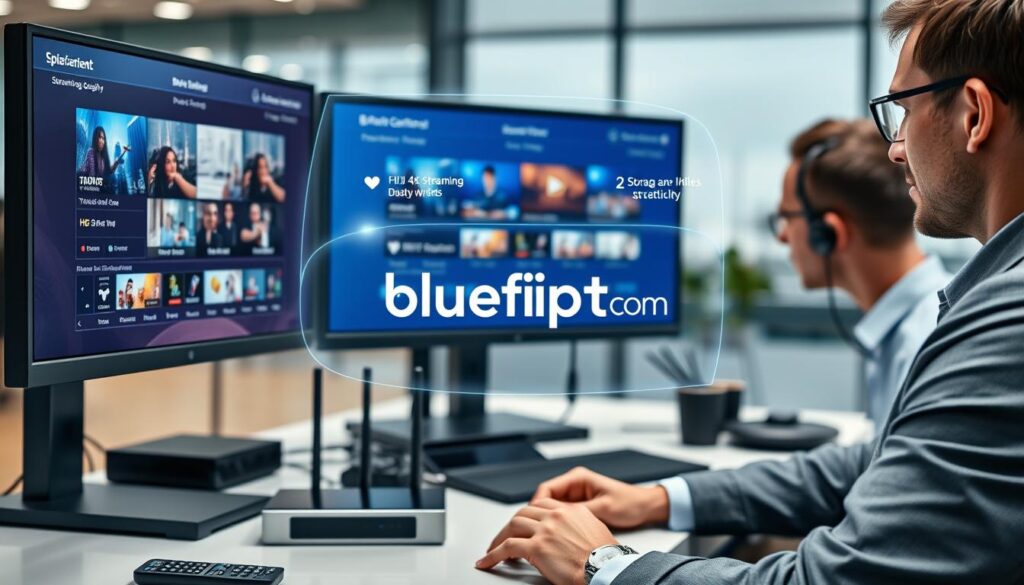 A high-tech workspace featuring a sleek computer setup displaying IPTV service interfaces, with vibrant streaming quality visuals like HD and 4K content on the monitors. In the foreground, a close-up of a user adjusting streaming settings, dressed in professional business attire, focused and engaged. The middle ground includes neatly arranged tech gadgets, like routers and smart TV remotes. The background shows a modern office with soft, natural lighting, emphasizing clarity and professionalism. A digital overlay representing streaming requirements—such as bandwidth, resolution, and device compatibility—hovering subtly around the monitors. The overall mood is innovative and dynamic, capturing the essence of cutting-edge IPTV services. Include the brand name "bluefireiptv.com" integrated into the design elements without any literal text presentation.