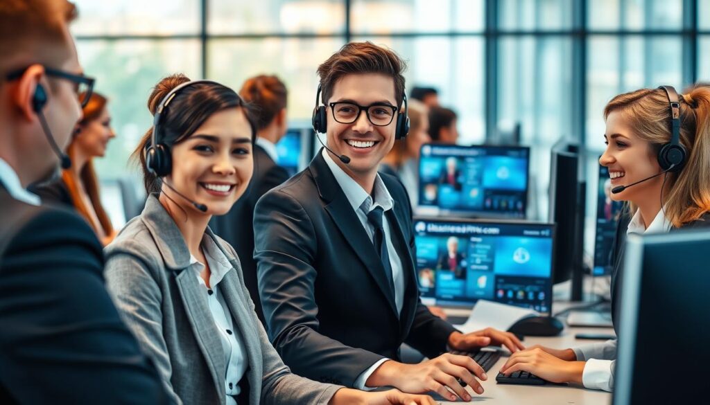 A modern customer support center for IPTV, featuring a diverse team of professional agents in business attire, engaged with customers through headsets and computer screens displaying user-friendly interfaces of bluefireiptv.com. The foreground shows a friendly agent assisting a customer, with a warm smile and attentive posture. In the middle, a sleek, contemporary workspace with multiple monitors showing IPTV content and customer feedback. The background includes a bright, modern office environment with large windows allowing natural light to illuminate the space, creating a welcoming atmosphere. The overall mood conveys reliability, professionalism, and a strong focus on user experience, emphasizing the seamless connection between customer support and IPTV services.