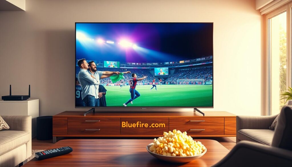 A modern living room showcasing streaming quality and reliability in IPTV, with a sleek, large-screen TV displaying crystal-clear visuals of a vibrant sports event. The foreground features a stylish coffee table with a remote control and a bowl of popcorn, inviting a cozy atmosphere. In the middle, a couple, dressed in smart casual attire, watch intently with expressions of excitement and satisfaction. The background reveals large windows with soft, natural sunlight illuminating the space, creating a warm ambiance. Subtle hints of technology, such as a high-tech router and streaming device, are visible, reinforcing the idea of reliable connectivity. The overall mood is inviting and professional, symbolizing the dependable service of bluefireiptv.com, set in a well-designed contemporary home.