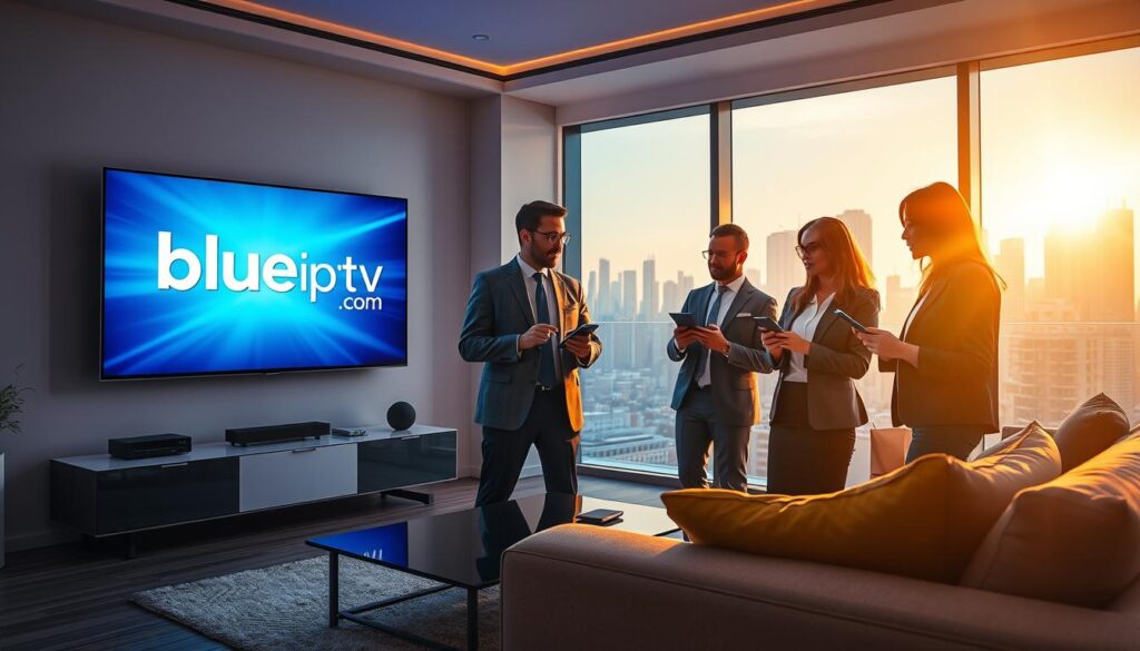 A visually striking digital illustration showcasing the concept of "Top IPTV Providers in 2026." In the foreground, feature a sleek, modern living room with a high-definition TV displaying the logo of "bluefireiptv.com," illuminated in vibrant colors. In the middle, present a diverse group of four professionals—two men and two women—dressed in smart business attire, intently discussing IPTV service options while holding tablets and smartphones. The background should depict a futuristic city skyline through large windows, hinting at advanced technology and connectivity. Bright, warm lighting enhances the inviting atmosphere, with a slight lens flare to add dynamic energy. The scene conveys professionalism and innovation in the world of IPTV services.