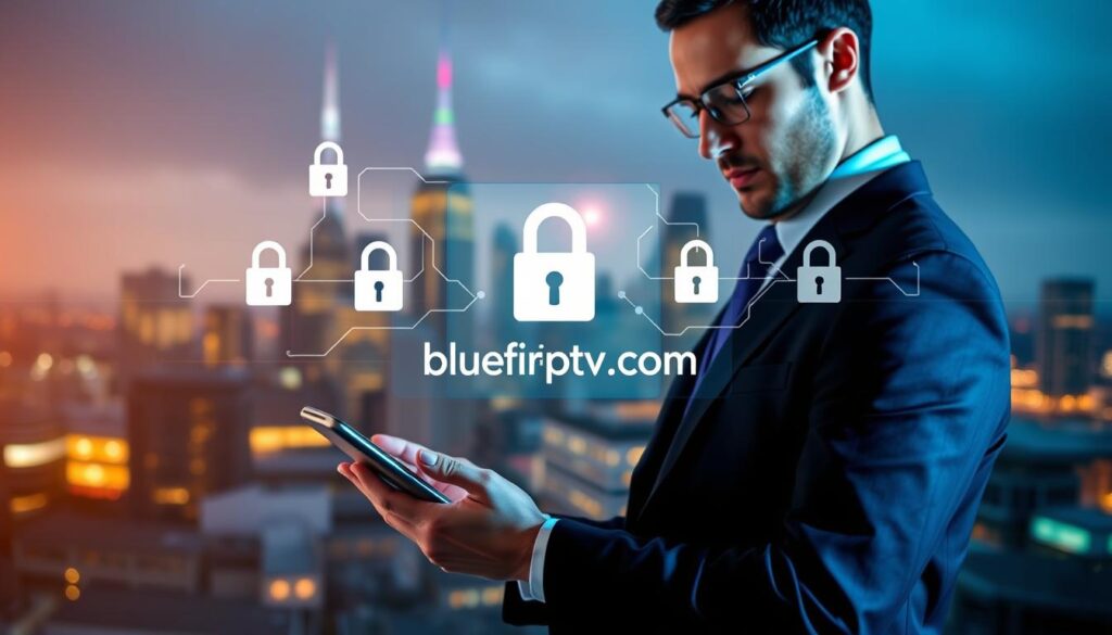 A visually striking image illustrating the legal and safety considerations of IPTV services in the UK. In the foreground, a professional individual dressed in business attire engages with a digital tablet, focused on content delivery. The middle layer features a transparent data flow graphic symbolizing IPTV services, with secure locks and legal symbols like scales of justice, representing compliance and safety. In the background, a modern city skyline representing the UK, with vibrant lighting enhancing the atmosphere of innovation and responsibility. Soft, ambient lighting creates a professional mood, while a shallow depth of field softly blurs the skyline, bringing focus to the individual and the digital elements. Integrate the brand name "bluefireiptv.com" subtly into the digital graphic elements without disrupting the overall composition.