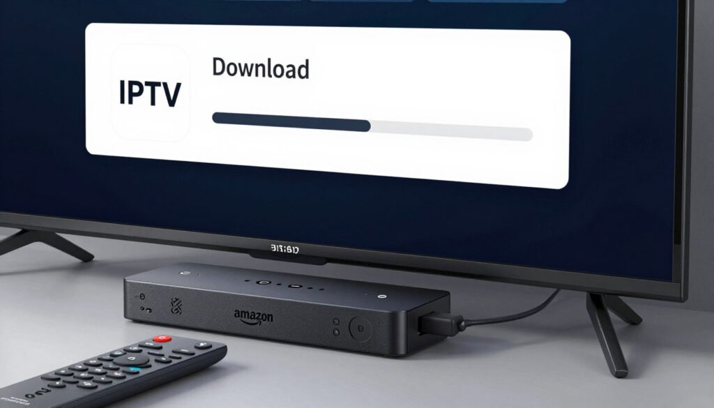 Amazon Fire Stick connected to TV with IPTV app installation screen displayed showing simple setup interface