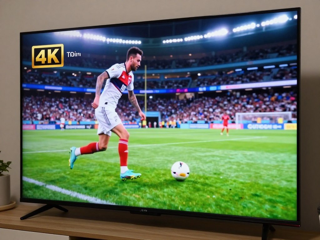 Close-up of crystal clear 4K streaming quality on large screen TV showing vibrant sports content