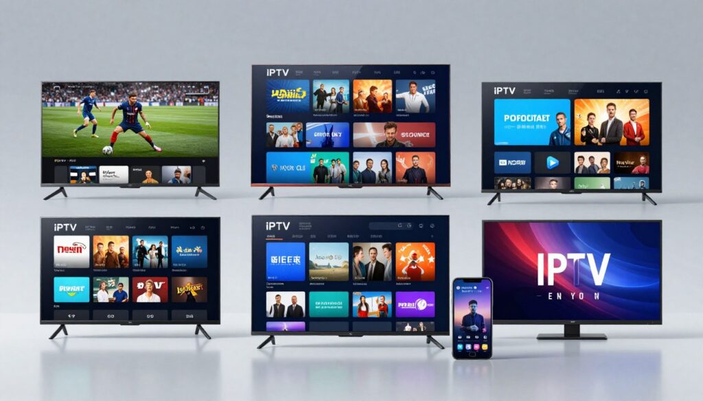 Collage showing various IPTV provider logos and interfaces on different devices including smart TVs and mobile screens