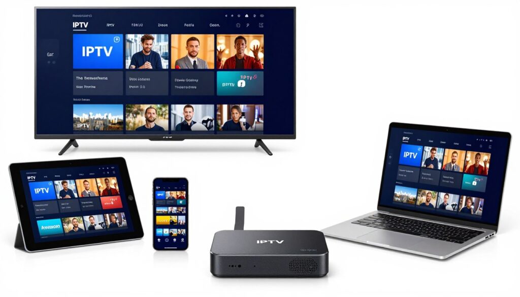 Collection of devices showing IPTV compatibility including smart TV, tablet, smartphone, and streaming box