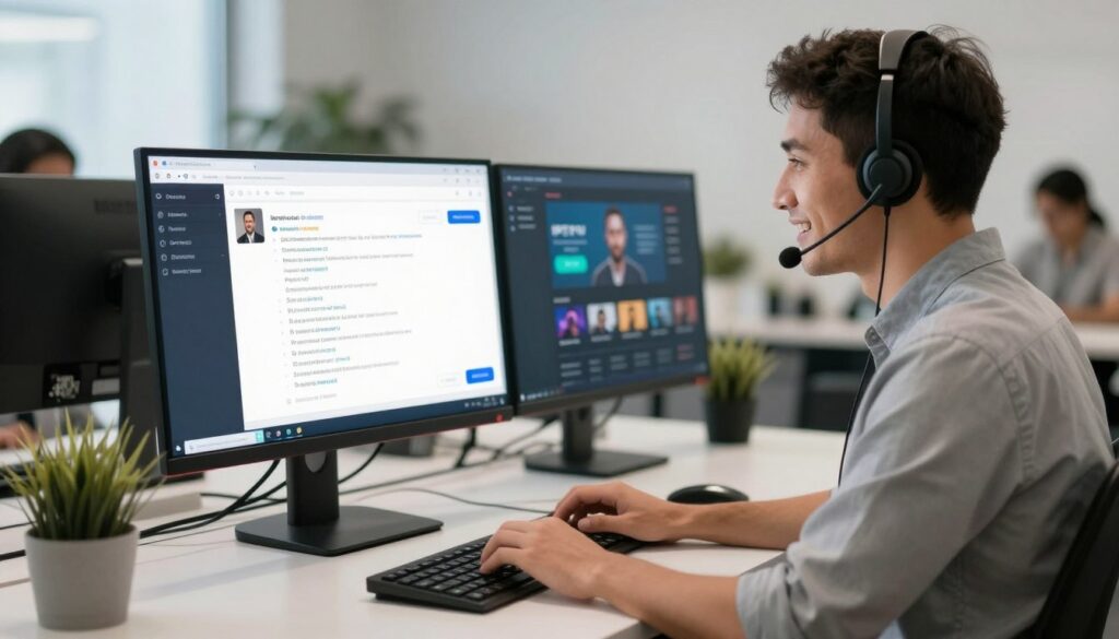 Customer support representative helping client via live chat on computer screen showing IPTV troubleshooting