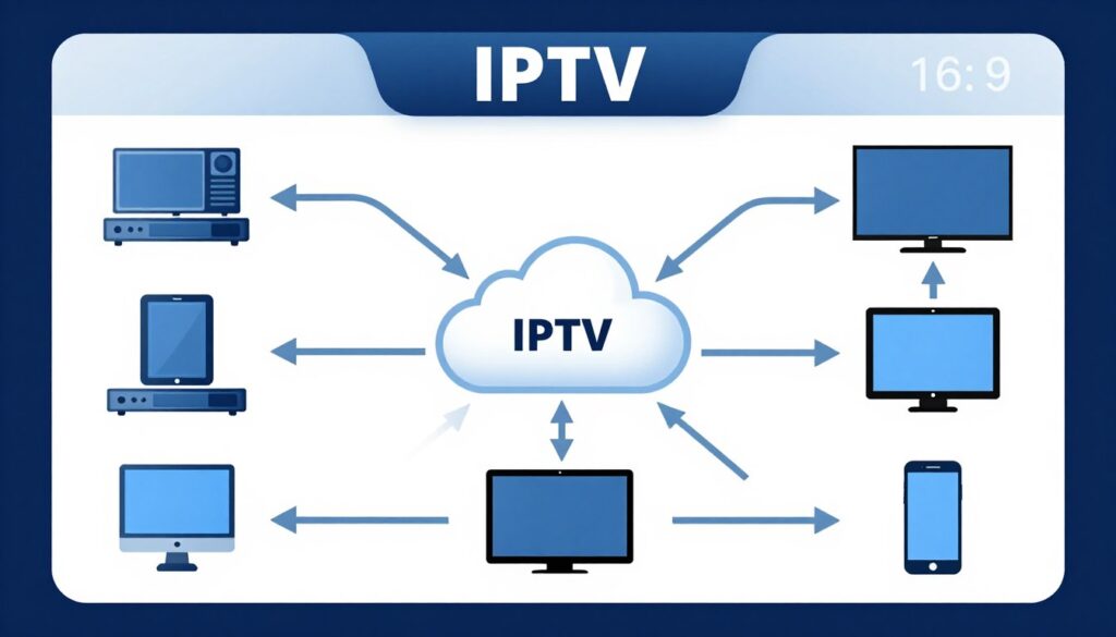 Diagram illustrating IPTV technology workflow from content server through internet connection to multiple devices including smart TV, tablet, and smartphone