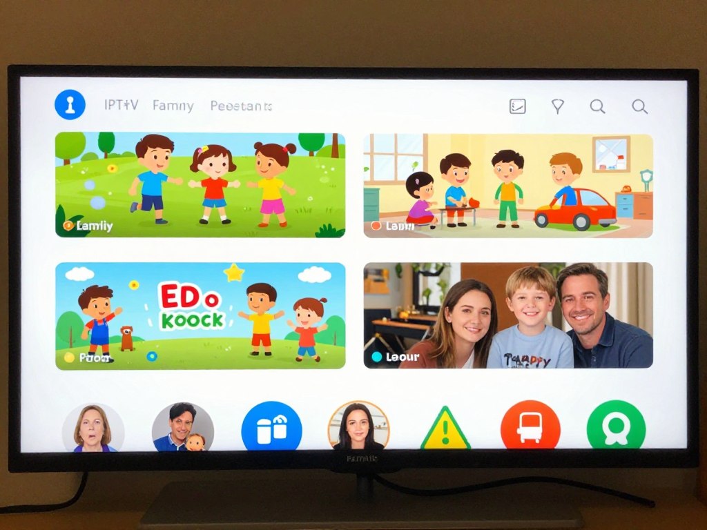 Family-friendly IPTV interface showing kids content section and parental control features