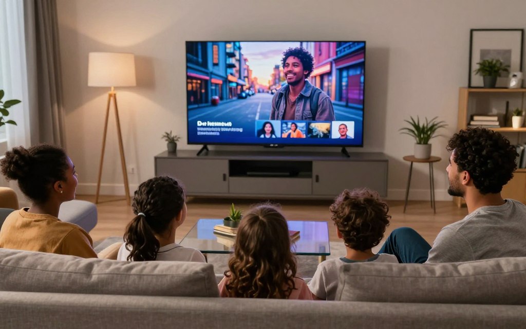 Happy family enjoying IPTV UK entertainment together