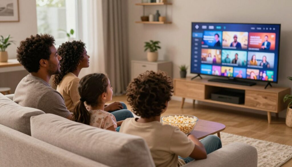 Happy family enjoying IPTV content together on large screen TV in comfortable modern living room