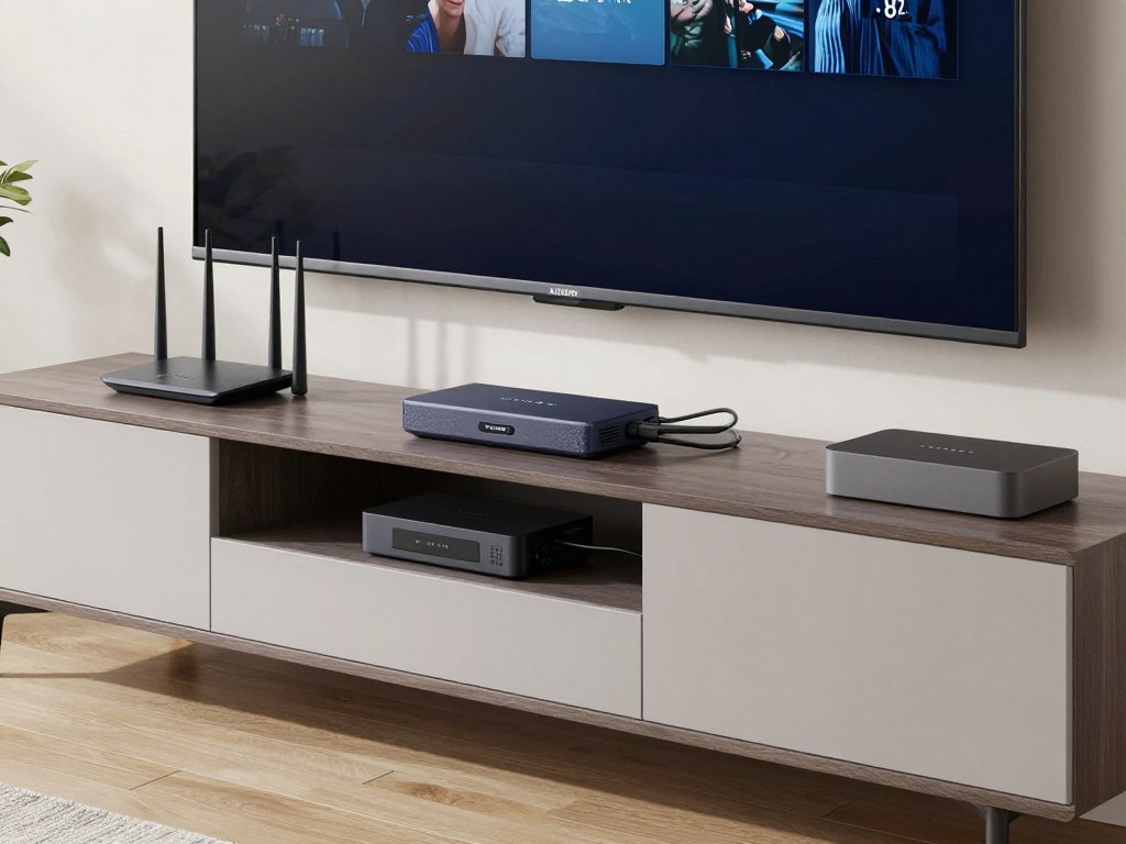 IPTV UK home setup showing router, smart TV, and streaming devices
