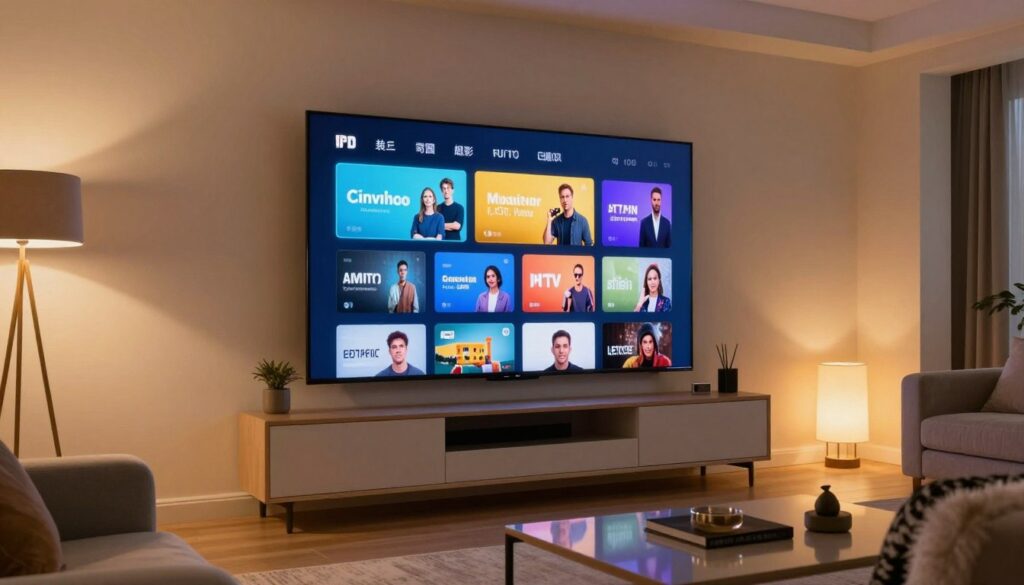 Modern living room with smart TV displaying IPTV UK streaming interface