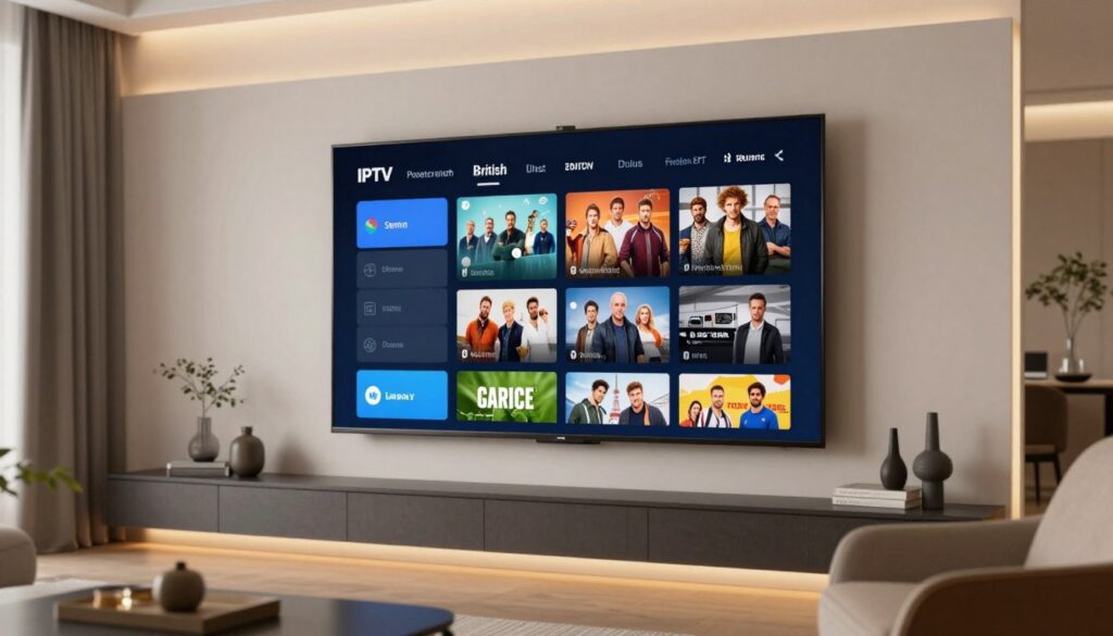 Modern living room with smart TV displaying IPTV interface showing multiple channel options and streaming content
