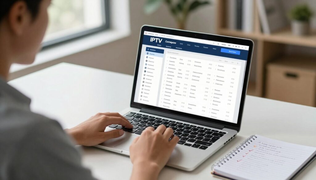 Person comparing different IPTV services on laptop with checklist and comparison chart visible on screen