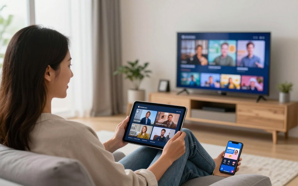 Person enjoying IPTV UK streaming on multiple devices at home