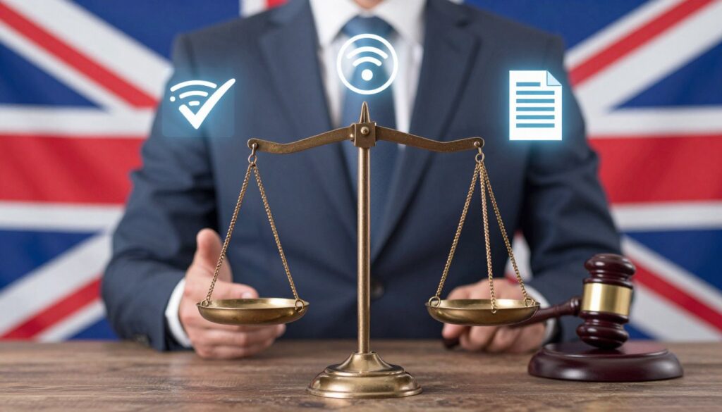 Professional image depicting UK legal compliance with balanced scales, gavel, and streaming service symbols