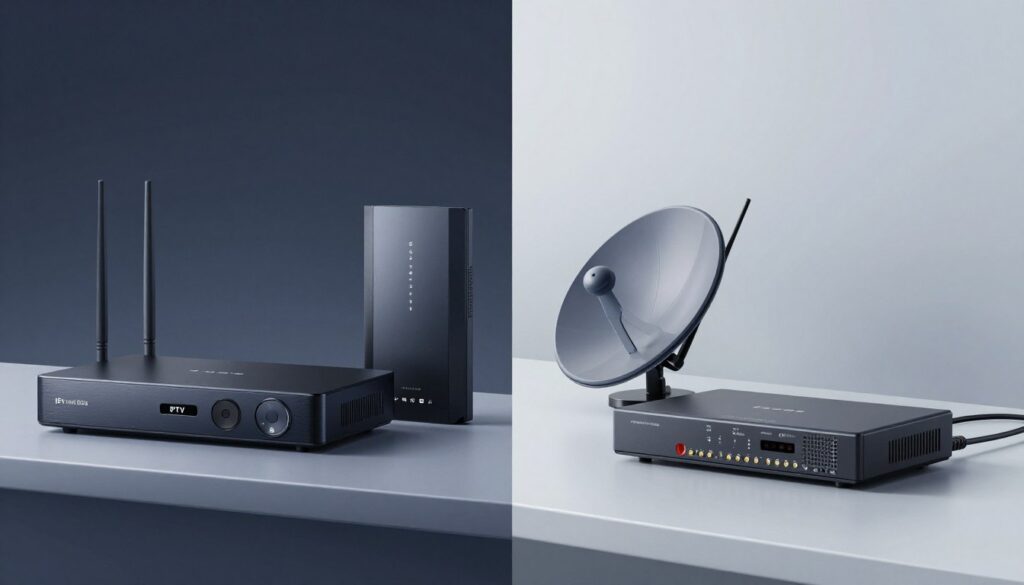 Side-by-side comparison of IPTV UK versus traditional satellite TV setup