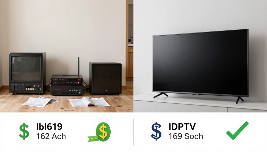 Split screen comparison showing expensive traditional cable TV setup on left versus affordable modern IPTV streaming setup on right with cost savings visualization