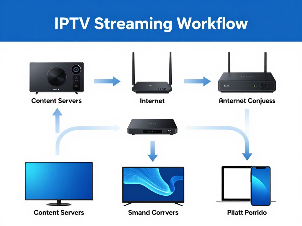 Technical diagram showing IPTV UK streaming workflow from content servers to home devices