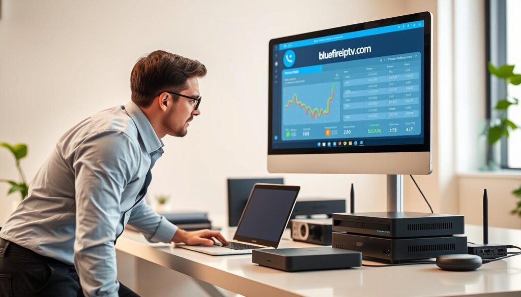 A clean, modern workspace featuring a computer screen displaying an IPTV testing interface with streaming quality metrics. In the foreground, a professional in smart casual attire leans forward, intently analyzing the data on the screen. The middle ground includes a sleek desk with a laptop, a high-quality router, and various streaming devices. The background shows a softly lit room with a hint of greenery from a nearby window, giving a relaxed yet focused atmosphere. The overall lighting is bright but soft, with warm tones creating a welcoming environment. Prominently featured is the brand logo "bluefireiptv.com" on the computer screen, emphasizing professionalism in IPTV testing. A clean, modern workspace featuring a computer screen displaying an IPTV testing interface with streaming quality metrics. In the foreground, a professional in smart casual attire leans forward, intently analyzing the data on the screen. The middle ground includes a sleek desk with a laptop, a high-quality router, and various streaming devices. The background shows a softly lit room with a hint of greenery from a nearby window, giving a relaxed yet focused atmosphere. The overall lighting is bright but soft, with warm tones creating a welcoming environment. Prominently featured is the brand logo "bluefireiptv.com" on the computer screen, emphasizing professionalism in IPTV testing.