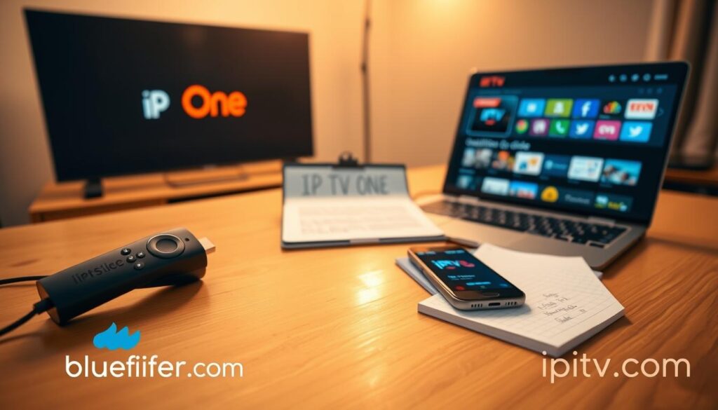 A clear, professional installation guide setup for the IPTV One app on a Firestick, featuring a well-organized workspace. In the foreground, a sleek black Firestick connected to a modern flat-screen TV displaying the IPTV One logo, with a remote control beside it. The middle ground includes a wooden table with neatly arranged installation materials: a laptop showing a detailed step-by-step guide, a smartphone with the IPTV One app open, and a notepad with handwritten notes. The background features soft lighting casting a warm glow, creating a welcoming atmosphere. The overall mood is focused and encouraging, ideal for tech-savvy users. The logo of "bluefireiptv.com" subtly integrated in the workspace design without any text or captions. A clear, professional installation guide setup for the IPTV One app on a Firestick, featuring a well-organized workspace. In the foreground, a sleek black Firestick connected to a modern flat-screen TV displaying the IPTV One logo, with a remote control beside it. The middle ground includes a wooden table with neatly arranged installation materials: a laptop showing a detailed step-by-step guide, a smartphone with the IPTV One app open, and a notepad with handwritten notes. The background features soft lighting casting a warm glow, creating a welcoming atmosphere. The overall mood is focused and encouraging, ideal for tech-savvy users. The logo of "bluefireiptv.com" subtly integrated in the workspace design without any text or captions.