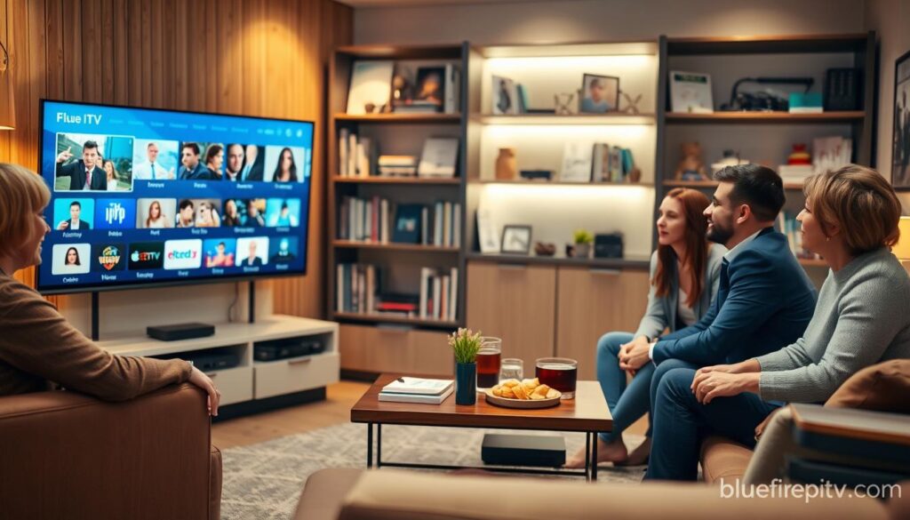 A contemporary living room scene showcasing the impact of IPTV on UK TV viewing trends. In the foreground, a diverse group of three adults, dressed in smart casual attire, are engaged in conversation while enjoying a large flat-screen TV displaying various IPTV channels. In the middle, a stylish coffee table with snacks and drinks, reflecting a social and relaxed atmosphere. The background features a modern bookshelf filled with tech magazines and streaming devices, indicating a shift in viewing habits. Utilize warm, inviting lighting to create a cozy ambiance, captured at eye level with a slightly blurred effect on the background to emphasize the foreground interaction. Incorporate subtle branding elements of bluefireiptv.com throughout the decor. The overall mood should convey a sense of community and engagement in modern television consumption.