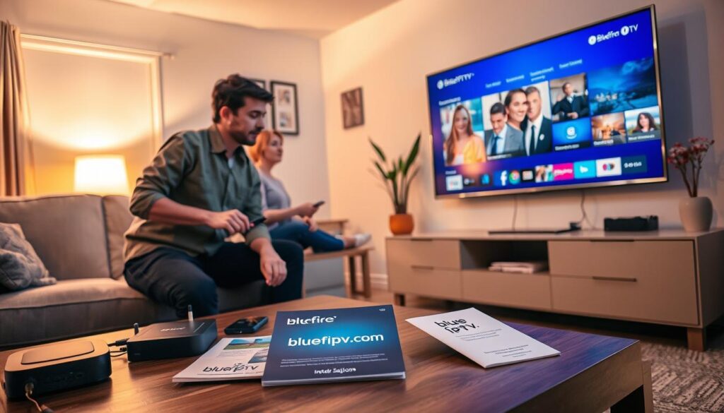A cozy UK living room warmly lit with soft ambient lighting, featuring a professional technician in modest casual attire setting up an IPTV box connected to a sleek modern television. The technician is shown adjusting cables, while a user looks on, intrigued. In the foreground, tools and installation manuals are neatly arranged on a coffee table, including a brochure for "bluefireiptv.com". The middle of the room highlights the TV showcasing an engaging IPTV interface. The background reveals a tastefully decorated wall with family photos and plants, creating a homely atmosphere. The scene conveys a sense of excitement and convenience, representing the ease of installation and the modern appeal of IPTV services. A cozy UK living room warmly lit with soft ambient lighting, featuring a professional technician in modest casual attire setting up an IPTV box connected to a sleek modern television. The technician is shown adjusting cables, while a user looks on, intrigued. In the foreground, tools and installation manuals are neatly arranged on a coffee table, including a brochure for "bluefireiptv.com". The middle of the room highlights the TV showcasing an engaging IPTV interface. The background reveals a tastefully decorated wall with family photos and plants, creating a homely atmosphere. The scene conveys a sense of excitement and convenience, representing the ease of installation and the modern appeal of IPTV services.