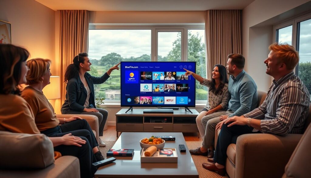 A cozy and modern living room scene depicting a diverse group of four adults, dressed in smart casual attire, gathered around a sleek television displaying an IPTV interface, showcasing various streaming options. The foreground includes a stylish coffee table with remote controls and snacks. In the middle ground, the excited group is engaged, pointing at the screen and discussing their favorite shows. Soft ambient lighting casts a warm glow, enhancing the relaxed atmosphere. A large window in the background reveals a typical UK landscape with cloudy skies and green gardens, hinting at the comforting indoor setting. Include the logo of "bluefireiptv.com" subtly on the screen. The overall mood is inviting and friendly, reflecting the joy of shared entertainment experiences in 2026.