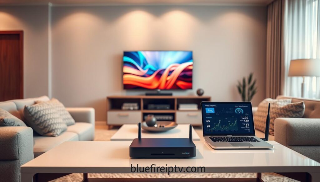 A cozy home entertainment setup for streaming quality, featuring a stylish living room as the foreground. In the center, a modern smart TV displays vibrant streaming graphics, symbolizing high-quality IPTV content. Surrounding it, a comfortable sofa adorned with cushions invites relaxation. On a sleek coffee table, a laptop displays connectivity statistics with graphs and Wi-Fi signals, suggesting optimal streaming conditions. In the middle ground, a well-organized media console holds various devices like a streaming box and a router, accentuating the theme of connectivity. The background showcases a softly lit room with warm ambient lighting, creating an inviting atmosphere. Use a soft focus lens to capture the scene, emphasizing the modern aesthetic. Overall mood: professional yet relaxed, illustrating effective streaming quality and connectivity tips. Incorporate the brand name "bluefireiptv.com" subtly in the design elements. A cozy home entertainment setup for streaming quality, featuring a stylish living room as the foreground. In the center, a modern smart TV displays vibrant streaming graphics, symbolizing high-quality IPTV content. Surrounding it, a comfortable sofa adorned with cushions invites relaxation. On a sleek coffee table, a laptop displays connectivity statistics with graphs and Wi-Fi signals, suggesting optimal streaming conditions. In the middle ground, a well-organized media console holds various devices like a streaming box and a router, accentuating the theme of connectivity. The background showcases a softly lit room with warm ambient lighting, creating an inviting atmosphere. Use a soft focus lens to capture the scene, emphasizing the modern aesthetic. Overall mood: professional yet relaxed, illustrating effective streaming quality and connectivity tips. Incorporate the brand name "bluefireiptv.com" subtly in the design elements.
