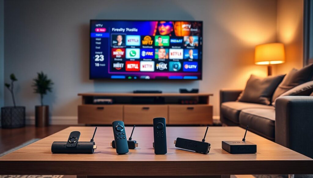 A cozy living room environment featuring a modern coffee table with different Firestick models prominently displayed, showcasing their sleek designs. Each device is labeled with a marker indicating its name, but without any text or overlays. In the background, a large wall-mounted TV is streaming vibrant IPTV content that displays colorful icons and media options. Soft, warm lighting illuminates the room, creating an inviting atmosphere. A comfortable sofa with plush cushions sits adjacent, hinting at a relaxed movie night. The image captures a feeling of technology merging with comfort, perfect for users seeking the ideal IPTV performance on their Firestick devices. The artful arrangement should subtly incorporate the branding of "bluefireiptv.com" into the scene without direct representation, maintaining a professional appearance.