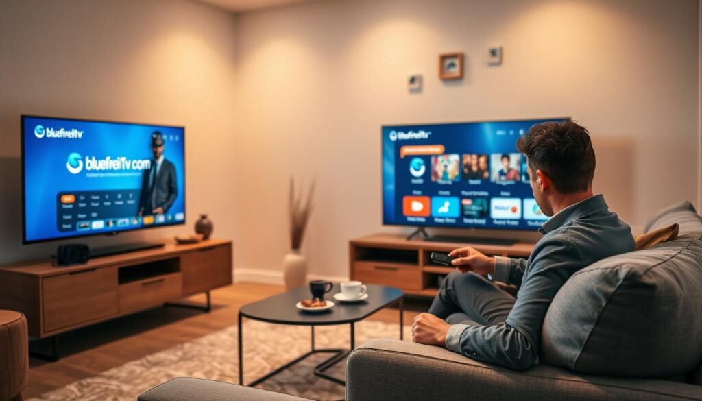 A cozy living room scene featuring a modern TV displaying the bluefireiptv.com interface on a big screen, streamed through an Amazon Firestick. In the foreground, a person dressed in smart casual attire, sitting comfortably on a plush couch, is using a remote control. The middle ground includes a stylish coffee table with a few snacks and a steaming cup of coffee. Soft ambient lighting creates a warm and inviting atmosphere, with natural light filtering in through a window. On the wall behind the TV, there are minimalist decorations that reflect a modern decor style. The lens captures a slightly angled view, emphasizing the user experience with IPTV streaming, while maintaining a focus on the cozy, beginner-friendly vibe of using Firestream.online. A cozy living room scene featuring a modern TV displaying the bluefireiptv.com interface on a big screen, streamed through an Amazon Firestick. In the foreground, a person dressed in smart casual attire, sitting comfortably on a plush couch, is using a remote control. The middle ground includes a stylish coffee table with a few snacks and a steaming cup of coffee. Soft ambient lighting creates a warm and inviting atmosphere, with natural light filtering in through a window. On the wall behind the TV, there are minimalist decorations that reflect a modern decor style. The lens captures a slightly angled view, emphasizing the user experience with IPTV streaming, while maintaining a focus on the cozy, beginner-friendly vibe of using Firestream.online.