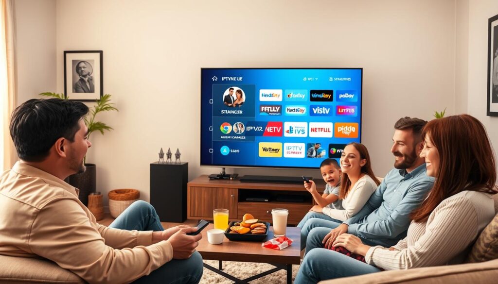 A cozy living room scene featuring a modern flat-screen TV, displaying vibrant IPTV UK interface graphics with various channels and streaming options. In the foreground, a family of four—dressed in casual but neat clothing—sits on a comfortable sofa, smiling and interacting with a remote control, showcasing their enjoyment of the enhanced viewing experience. In the middle background, a stylish coffee table scattered with snacks and drinks adds to the inviting ambiance. Soft, warm lighting filters through a window, casting a friendly glow across the room. The walls are adorned with tasteful decor, evoking a modern, relaxed atmosphere. Emphasize the innovation of IPTV UK, represented by a subtle logo of "bluefireiptv.com" displayed on the TV screen, embodying technology that elevates everyday entertainment. A cozy living room scene featuring a modern flat-screen TV, displaying vibrant IPTV UK interface graphics with various channels and streaming options. In the foreground, a family of four—dressed in casual but neat clothing—sits on a comfortable sofa, smiling and interacting with a remote control, showcasing their enjoyment of the enhanced viewing experience. In the middle background, a stylish coffee table scattered with snacks and drinks adds to the inviting ambiance. Soft, warm lighting filters through a window, casting a friendly glow across the room. The walls are adorned with tasteful decor, evoking a modern, relaxed atmosphere. Emphasize the innovation of IPTV UK, represented by a subtle logo of "bluefireiptv.com" displayed on the TV screen, embodying technology that elevates everyday entertainment.