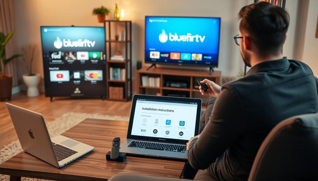 A cozy living room scene featuring a smart TV displaying the interface of IPTV apps, specifically highlighting the bluefireiptv.com logo prominently on the screen. In the foreground, a person in smart casual attire is seated comfortably on a sofa, holding a Firestick remote, looking engaged and focused. The middle layer showcases a stylish coffee table with a tablet displaying installation instructions and a laptop open beside it, emphasizing a tech-savvy environment. In the background, warm lighting adds a welcoming atmosphere, with potted plants and shelves filled with books. The overall mood is inviting and informative, perfect for illustrating the installation of IPTV apps on a Firestick.