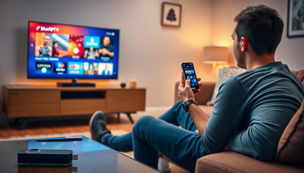 A cozy living room setting featuring a modern TV unit showcasing an active Firestick interface with vibrant streaming options. In the foreground, a sleek remote control rests on a stylish coffee table, and a casual viewer sits comfortably with a smartphone in hand, focusing on a vibrant screen displaying "bluefireiptv.com". The viewer is dressed in modest casual clothing, embodying a relaxed yet engaged mood. Soft, warm lighting floods the room, creating an inviting atmosphere, while the background shows a stylish sofa and decorative elements that add a personal touch. The image captures the essence of enjoying free IPTV on Firestick in the UK, with an emphasis on comfort and accessibility.
