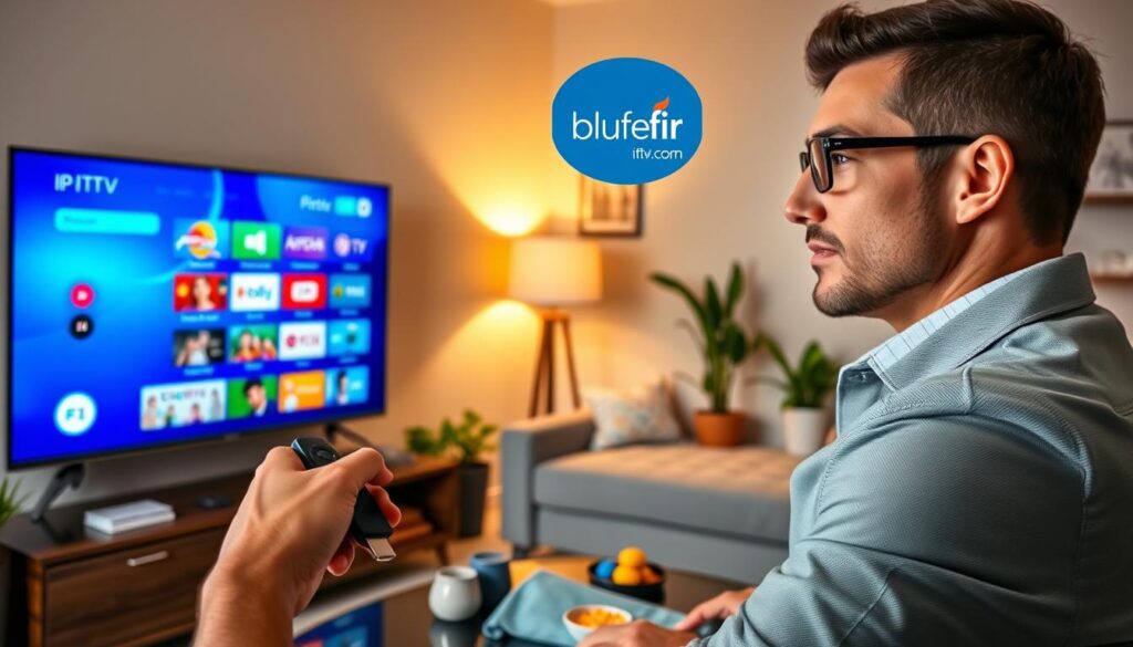 A cozy living room setting featuring a modern flat-screen TV displaying a vibrant IPTV interface, with various channel options visible. In the foreground, a person in smart casual attire is holding a Firestick remote control, with a look of concentration as they navigate through the app. The middle ground includes a comfortable sofa and a small coffee table with snacks and drinks. The background features warm lighting emanating from a stylish lamp, creating an inviting atmosphere. Subtle decorations like plants and family photos line the walls, adding to the homey feel. A small, discreet logo of "bluefireiptv.com" is integrated into the IPTV interface on the screen, emphasizing trusted service. The scene conveys a sense of ease and modern tech-savvy lifestyle.
