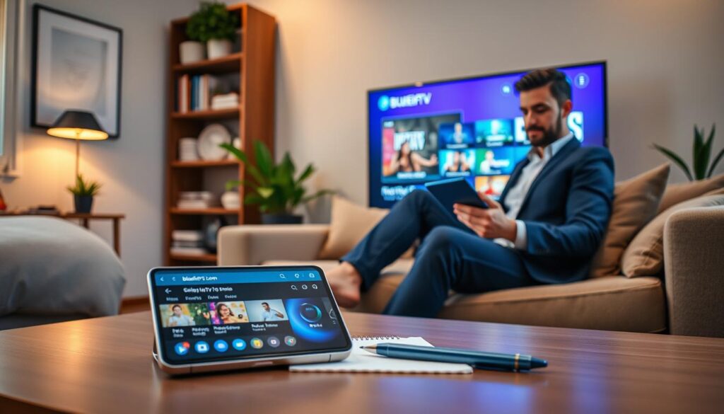 A cozy living room setting featuring a modern flat-screen TV displaying a vibrant IPTV interface. In the foreground, a sleek coffee table holds a smartphone with the bluefireiptv.com website open, surrounded by a notepad and a pen, emphasizing the theme of getting started with subscriptions. The middle ground shows a well-dressed young professional seated comfortably on a plush sofa, focused and engaged while browsing IPTV options on a tablet. Soft, ambient lighting creates a relaxed atmosphere, enhancing the inviting feel of the room. In the background, a bookshelf filled with technology-related books and decorative plants adds a touch of sophistication. The composition captures a sense of excitement and ease in starting an IPTV subscription. A cozy living room setting featuring a modern flat-screen TV displaying a vibrant IPTV interface. In the foreground, a sleek coffee table holds a smartphone with the bluefireiptv.com website open, surrounded by a notepad and a pen, emphasizing the theme of getting started with subscriptions. The middle ground shows a well-dressed young professional seated comfortably on a plush sofa, focused and engaged while browsing IPTV options on a tablet. Soft, ambient lighting creates a relaxed atmosphere, enhancing the inviting feel of the room. In the background, a bookshelf filled with technology-related books and decorative plants adds a touch of sophistication. The composition captures a sense of excitement and ease in starting an IPTV subscription.