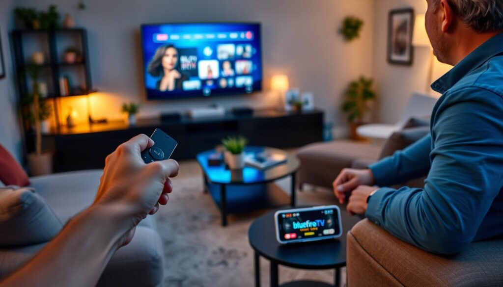 A cozy living room setting with a modern Firestick device connected to a sleek Smart TV, displaying a glowing IPTV interface on the screen. In the foreground, a user—a middle-aged person in smart casual attire—eagerly holds a remote, focusing on the screen. The middle layer showcases a well-furnished space with comfortable seating and decorative elements like plants and bookshelves, creating a welcoming atmosphere. In the background, soft, warm lighting illuminates the room, enhancing the feeling of relaxation and enjoyment. A small table features a smartphone displaying the bluefireiptv.com website. The overall mood is that of excitement and comfort in setting up a new streaming experience.