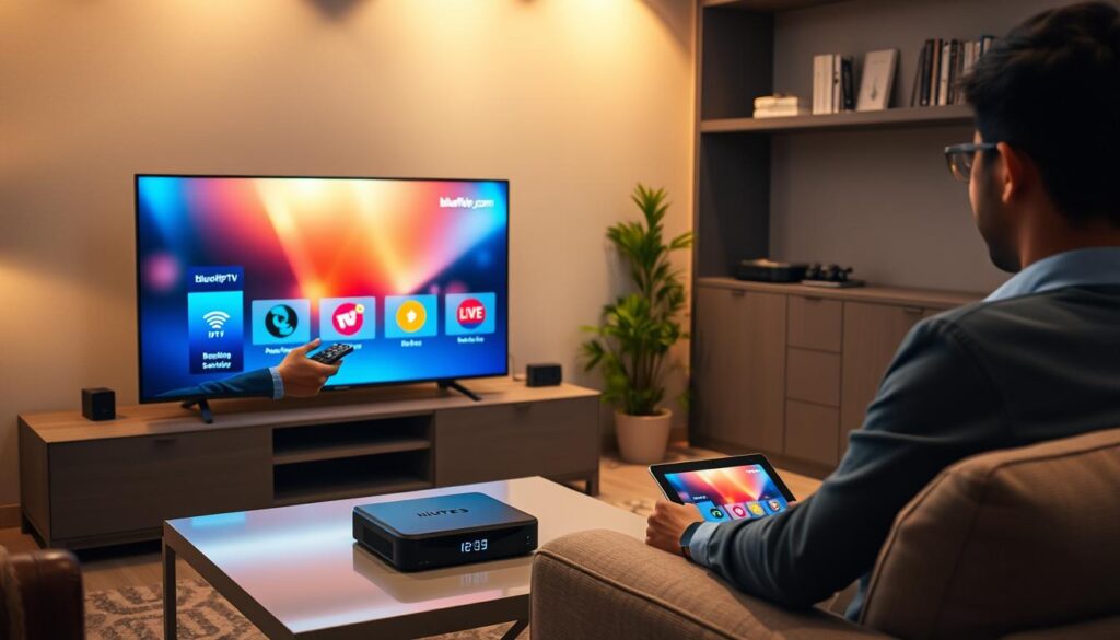 A cozy living room setup featuring a modern smart TV displaying the user interface of an IPTV service, specifically “bluefireiptv.com”. In the foreground, a person of Asian descent wearing smart casual attire is holding a remote control, looking thoughtfully at the screen while seated on a comfortable sofa. In the middle, there is a stylish coffee table with a few electronic devices like a streaming box and a tablet with the same IPTV interface visible. In the background, soft ambient lighting gently illuminates the room, with a shelf containing various tech gadgets and a few books. The atmosphere is inviting and informative, showcasing a step-by-step overview of setting up IPTV on devices, with a focus on clarity and accessibility in a home environment.