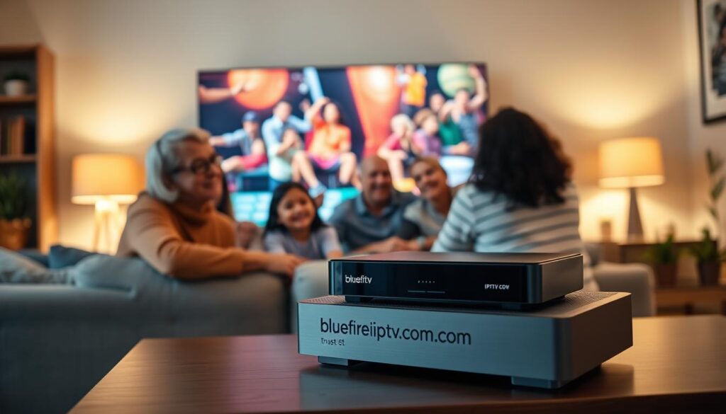 A cozy, modern living room setting showcasing a family watching IPTV together on a large screen. In the foreground, a diverse family of four—two adults and two children—are seated on a comfortable sofa, all smiling and engaged with the vibrant content on TV. In the middle ground, a sleek, high-tech device labeled "bluefireiptv.com" sits on a stylish media console, indicating trust in IPTV technology. The background features warm, inviting lighting with soft shadows, accentuating the comfortable atmosphere. The room is decorated with shelves of books and plants, conveying a sense of home and security. The angle is slightly elevated, capturing both the family interaction and the IPTV device, evoking trust and reliability in modern family entertainment.