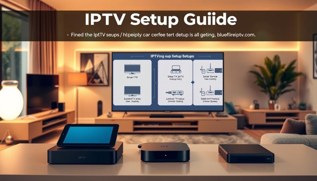A detailed IPTV setup guide illustration featuring a sleek, modern living room in the foreground. Show various devices like a smart TV, tablet, and streaming box on a stylish media console. In the middle, depict clear step-by-step diagrams on an interactive digital screen, showcasing setup instructions for each device. The background should include cozy seating and ambient lighting to create a welcoming atmosphere. Use a warm color palette to evoke comfort and ease of use. The focus of the image should emphasize the simplicity and accessibility of setting up IPTV with "bluefireiptv.com" as the featured service. Capture the scene with a slightly tilted angle to give a dynamic perspective, highlighting the technological harmony in the space. No text or labels present in the image. A detailed IPTV setup guide illustration featuring a sleek, modern living room in the foreground. Show various devices like a smart TV, tablet, and streaming box on a stylish media console. In the middle, depict clear step-by-step diagrams on an interactive digital screen, showcasing setup instructions for each device. The background should include cozy seating and ambient lighting to create a welcoming atmosphere. Use a warm color palette to evoke comfort and ease of use. The focus of the image should emphasize the simplicity and accessibility of setting up IPTV with "bluefireiptv.com" as the featured service. Capture the scene with a slightly tilted angle to give a dynamic perspective, highlighting the technological harmony in the space. No text or labels present in the image.