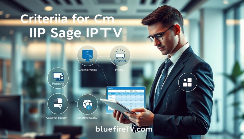 A detailed and engaging visual representation of "Criteria for Choosing IPTV Service" as a vibrant infographic. In the foreground, feature a professional individual in business attire, thoughtfully examining a digital tablet displaying IPTV service comparison charts. In the middle ground, include icons representing key criteria such as channel variety, pricing, customer support, and streaming quality, arranged visually to guide the viewer's eye. The background should be a sleek and modern office setting with soft, ambient lighting that enhances the professional mood. Utilize a shallow depth of field to keep focus on the foreground elements while maintaining a sense of context in the background. Include the brand name "bluefireiptv.com" subtly incorporated into the design, ensuring it blends seamlessly.