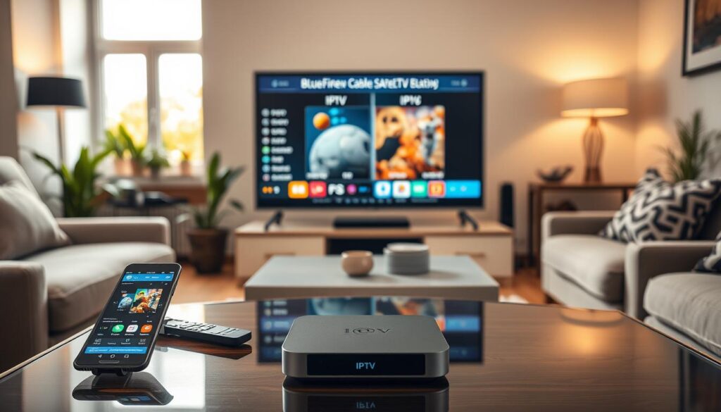 A detailed comparison scene of IPTV, traditional cable, and satellite TV in a modern British living room. In the foreground, a sleek IPTV streaming device is showcased prominently on a stylish coffee table, surrounded by a remote and a smartphone displaying the interface of bluefireiptv.com. The middle ground features a large flat-screen TV displaying a side-by-side comparison graphic of services, with vibrant visuals representing the differences. In the background, a cozy living room with a large window letting in warm, soft natural light, highlighting a comfortable couch and decorative elements like plants and artwork. The atmosphere is informative yet inviting, hinting at a modern, tech-savvy lifestyle. The scene should be photographed from a slightly angled perspective to create depth and interest. A detailed comparison scene of IPTV, traditional cable, and satellite TV in a modern British living room. In the foreground, a sleek IPTV streaming device is showcased prominently on a stylish coffee table, surrounded by a remote and a smartphone displaying the interface of bluefireiptv.com. The middle ground features a large flat-screen TV displaying a side-by-side comparison graphic of services, with vibrant visuals representing the differences. In the background, a cozy living room with a large window letting in warm, soft natural light, highlighting a comfortable couch and decorative elements like plants and artwork. The atmosphere is informative yet inviting, hinting at a modern, tech-savvy lifestyle. The scene should be photographed from a slightly angled perspective to create depth and interest.