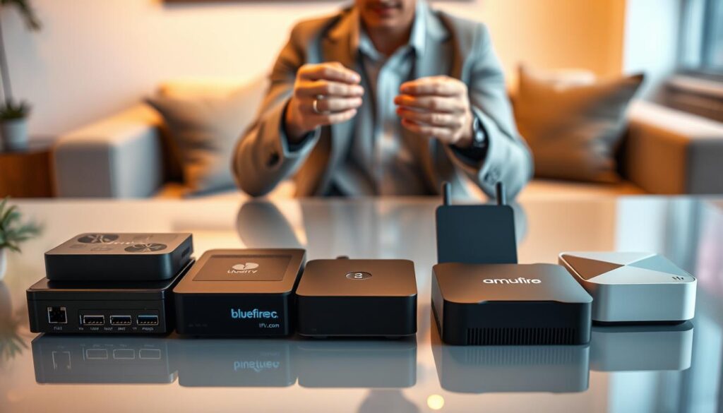 A detailed comparison scene showcasing IPTV boxes and Android TV boxes side by side on a sleek, modern table. In the foreground, focus on three distinct IPTV boxes with various designs and ports, highlighted by soft, ambient lighting to emphasize their features. Next to them, feature three different Android TV boxes, each with unique shapes and colors, creating a visually appealing contrast. In the middle ground, include a tech enthusiast’s hands examining the devices, dressed in a smart-casual outfit, embodying an informative mood. In the background, a blurred living room setting enhances the atmosphere of home entertainment. The overall lighting should be warm and inviting, conveying a sense of comfort and modern technology. The brand name "bluefireiptv.com" subtly integrated into the design of one of the boxes. A detailed comparison scene showcasing IPTV boxes and Android TV boxes side by side on a sleek, modern table. In the foreground, focus on three distinct IPTV boxes with various designs and ports, highlighted by soft, ambient lighting to emphasize their features. Next to them, feature three different Android TV boxes, each with unique shapes and colors, creating a visually appealing contrast. In the middle ground, include a tech enthusiast’s hands examining the devices, dressed in a smart-casual outfit, embodying an informative mood. In the background, a blurred living room setting enhances the atmosphere of home entertainment. The overall lighting should be warm and inviting, conveying a sense of comfort and modern technology. The brand name "bluefireiptv.com" subtly integrated into the design of one of the boxes.