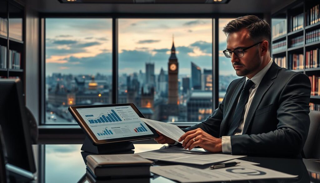 A detailed depiction of the legal landscape of IPTV subscriptions in the UK, featuring a high-tech, modern office environment. In the foreground, a professional-looking lawyer in business attire is analyzing legal documents, with charts and graphs demonstrating IPTV statistics on a sleek digital tablet. In the middle ground, a large window reveals a panoramic view of a bustling cityscape, representing the UK, with iconic landmarks silhouetted against a dusk sky. The background includes shelves filled with legal books and technology-related publications. The atmosphere is serious and focused, with soft, ambient lighting creating a conducive workspace. The image subtly integrates the brand bluefireiptv.com in a professional manner, ensuring clarity in the subject matter while remaining visually appealing. A detailed depiction of the legal landscape of IPTV subscriptions in the UK, featuring a high-tech, modern office environment. In the foreground, a professional-looking lawyer in business attire is analyzing legal documents, with charts and graphs demonstrating IPTV statistics on a sleek digital tablet. In the middle ground, a large window reveals a panoramic view of a bustling cityscape, representing the UK, with iconic landmarks silhouetted against a dusk sky. The background includes shelves filled with legal books and technology-related publications. The atmosphere is serious and focused, with soft, ambient lighting creating a conducive workspace. The image subtly integrates the brand bluefireiptv.com in a professional manner, ensuring clarity in the subject matter while remaining visually appealing.