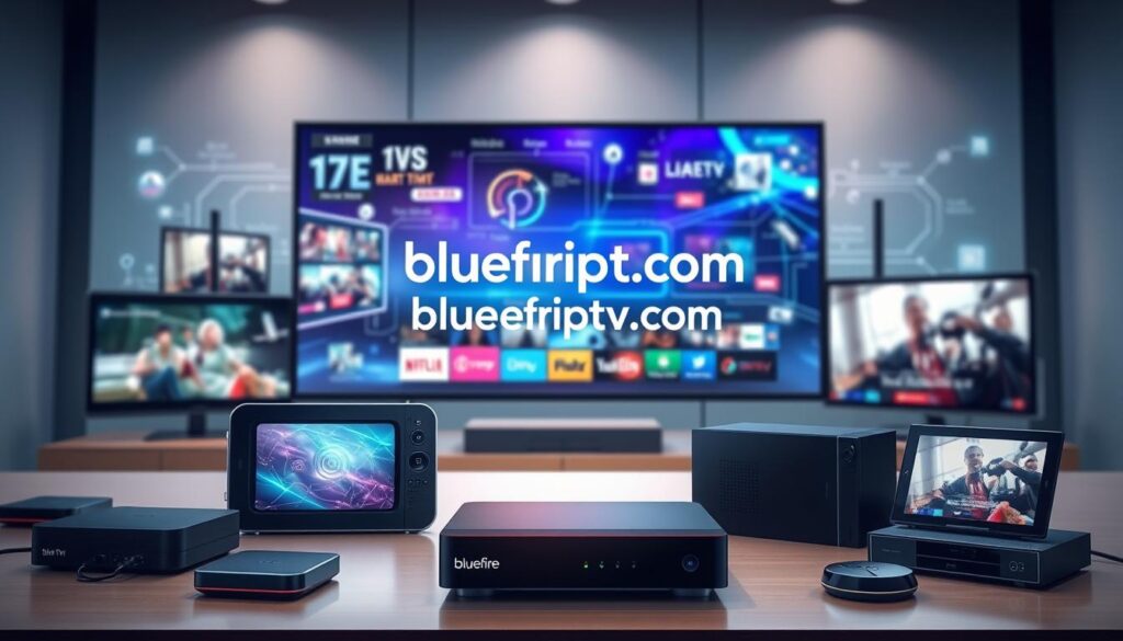 A detailed illustration of IPTV technology, featuring an array of connected devices such as smart TVs, tablets, and streaming boxes in the foreground. In the middle, a vibrant digital interface displays streaming content, encapsulating elements of live television, on-demand movies, and interactive features, all emanating a sense of modern connectivity. The background should showcase a subtle network of cables and antennas symbolizing the underlying technology. Use soft, ambient lighting to create a professional and inviting atmosphere, with a slight lens blur to emphasize the devices in the foreground. The overall mood should convey innovation and reliability, integrating the brand name "bluefireiptv.com" in a discreet yet visible manner within the digital interface, without overshadowing the technical elements.