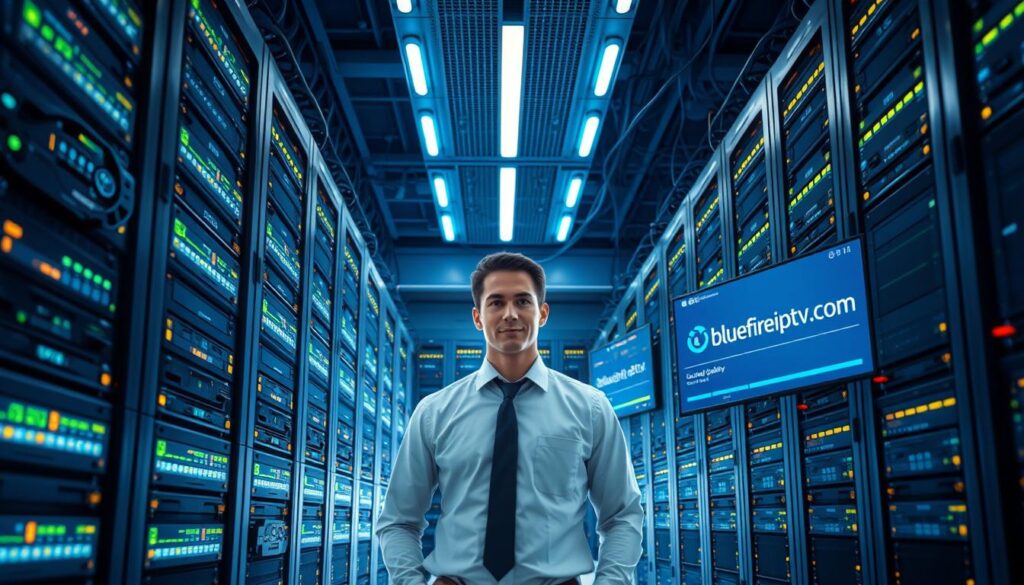 A detailed illustration of a robust local UK server infrastructure, showcasing towering server racks filled with blinking lights and network cables in the foreground. In the middle ground, depict a professional-looking technician in smart casual attire monitoring various screens displaying data analytics and streaming quality metrics. The background features a modern data center environment with sleek, minimalist design, illuminated by soft blue and white LED lighting. Capture the sense of connectivity and efficiency, conveying an atmosphere of reliability and advanced technology. The scene subtly incorporates the logo of "bluefireiptv.com" on one of the screens, emphasizing the importance of local infrastructure on streaming experiences for UK viewers. Use a wide-angle perspective to enhance depth and detail, creating a high-tech, professional setting.